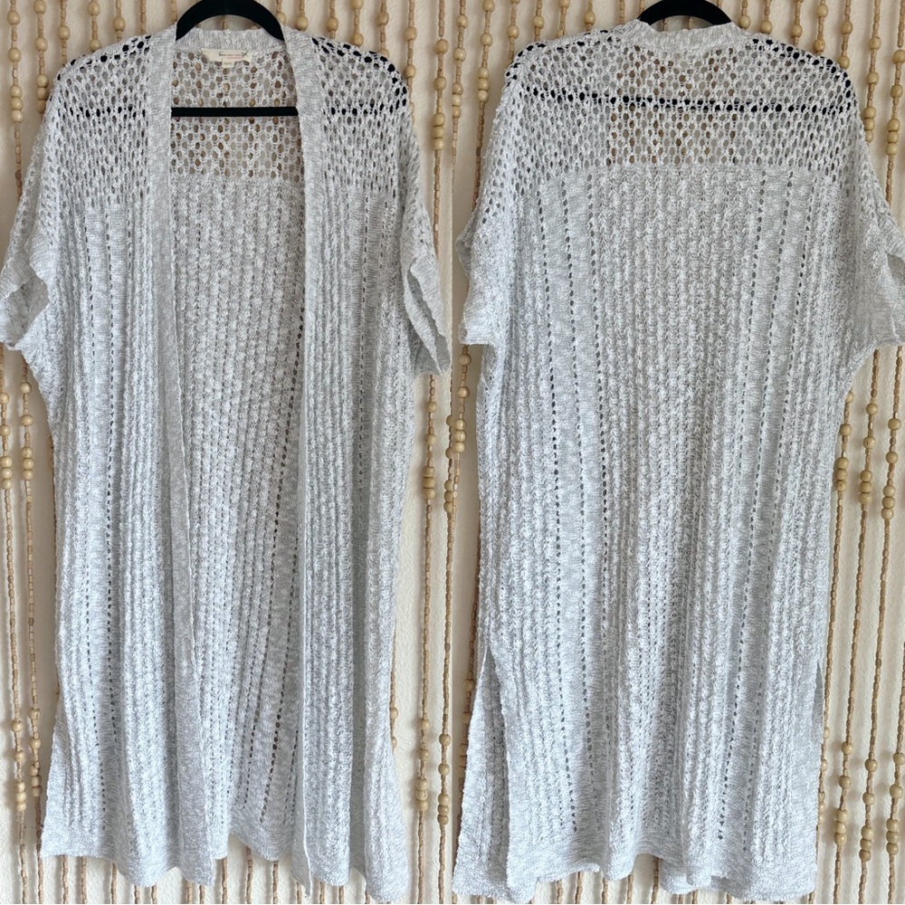 Vince Camuto Light Gray Open-Knit Layering Short Sleeve Long Cardigan Cover Up